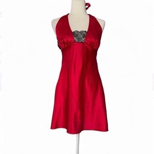 Frederick's of Hollywood Red Satin Halter Slip with Black Lace